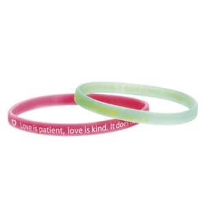 Zapestnica "Love is patient", dvojna silikonska rožnata+zelena